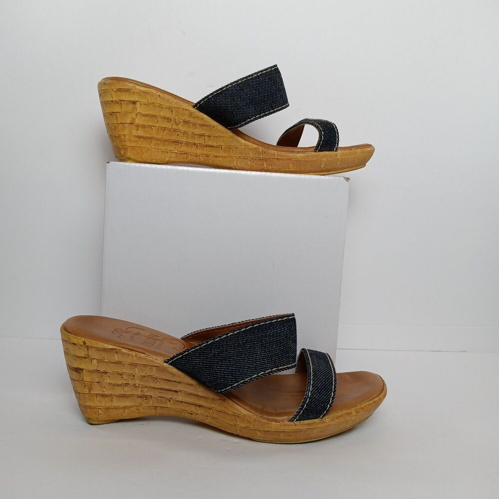 Vintage Italian Shoemakers Denim Straps Wedges Y2K Coquette Slides Sandals 7.5